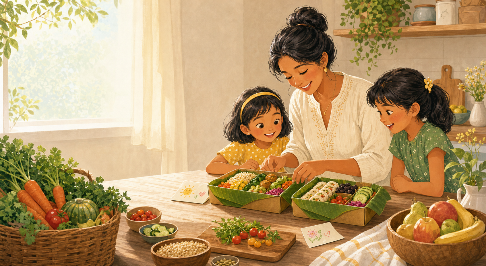 Illustration of a mom packing fresh lunchboxes for her daughters.